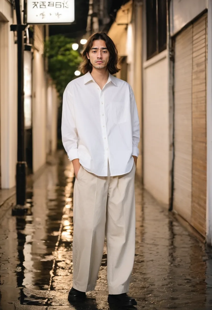 Man wearing a clean white oversized cotton poplin shirt and wide cream trousers on a wet night street