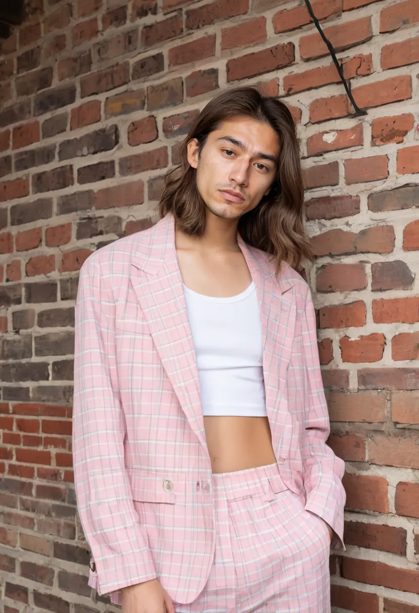 Detail of a K-pop inspired pastel plaid blazer worn over a white crop top with industrial loft backdrop