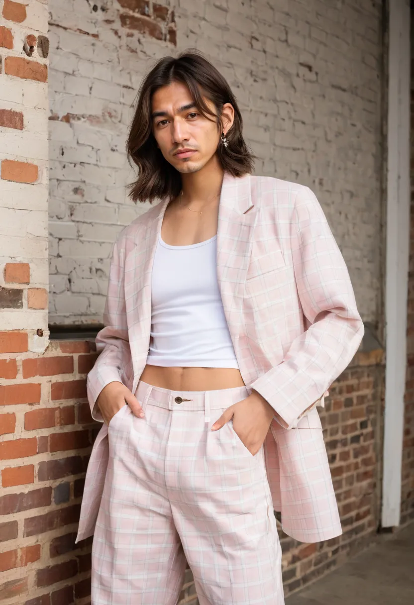 Man wearing an oversized pastel pink and white plaid blazer in structured woven fabric, open over a fitted white crop top, in an industrial loft