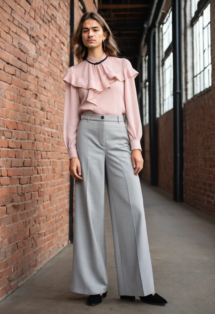 Soft pink ruffles above structured grey trousers in a K-pop inspired hybrid outfit