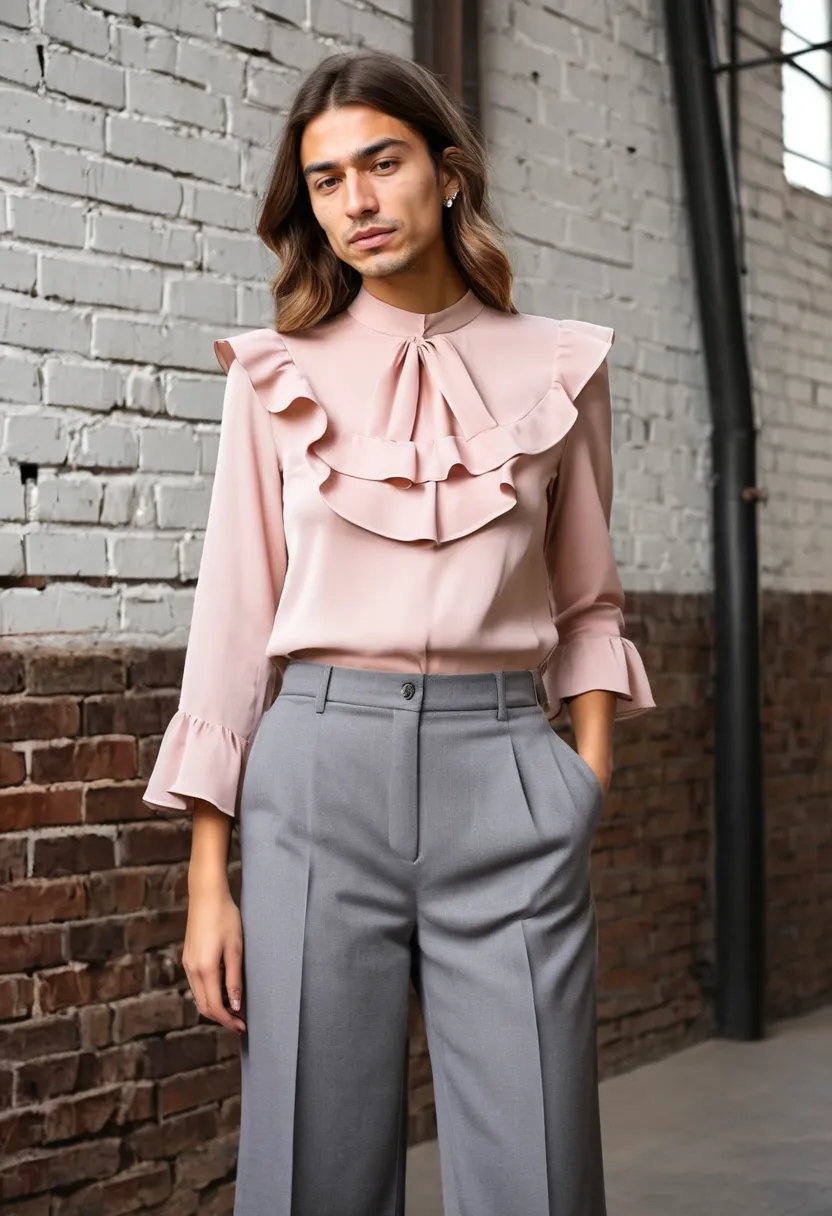 Pink ruffled blouse paired with grey tailored wide-leg trousers for a hybrid feminine look