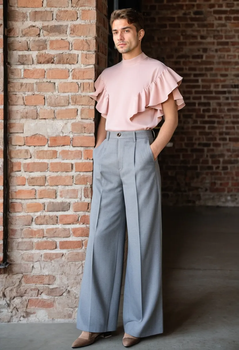 Boy wearing a soft pink ruffled blouse with tailored grey wide-leg trousers, combining feminine ruffles with structured tailoring