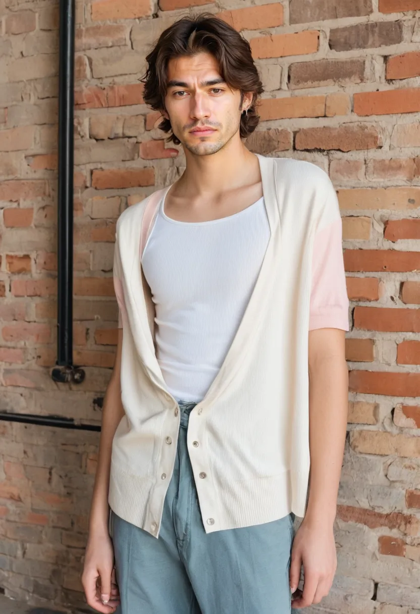 Clean minimal K-pop aesthetic featuring soft neutral tones and draped pastel cardigan