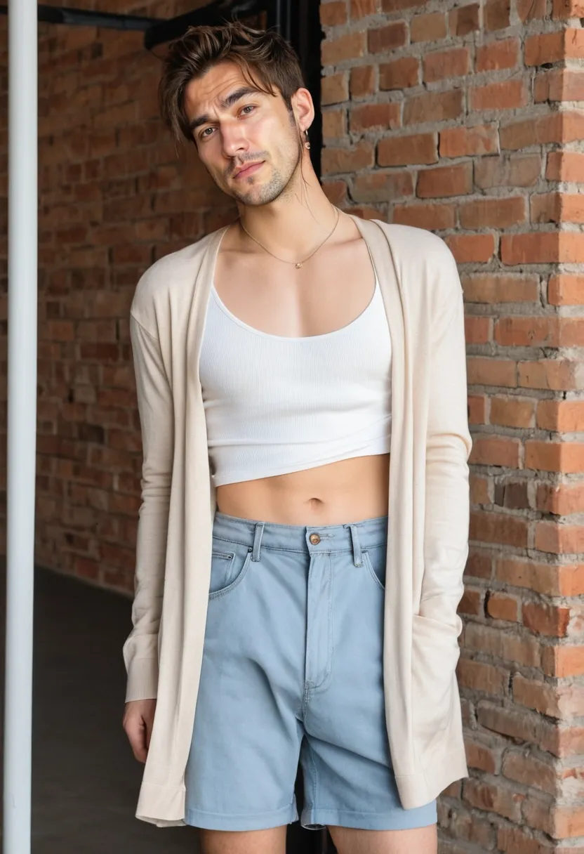 K-pop idol soft boy style with white fitted top and pastel cardigan across shoulders