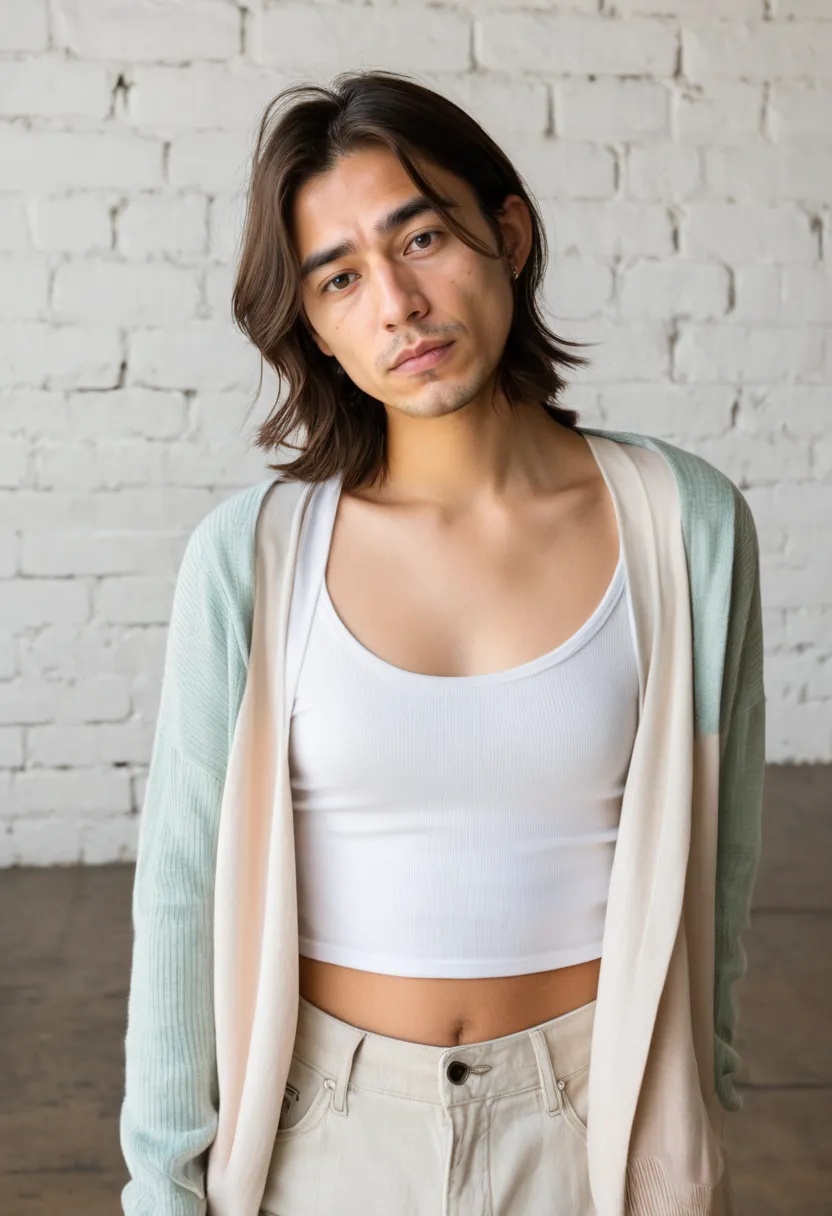 Boy in a fresh clean K-pop aesthetic wearing a white fitted top and soft pastel cardigan draped over the shoulders