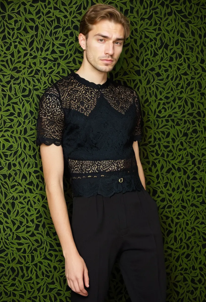 Man wearing a black lace blouse with intricate geometric pattern and scalloped hem