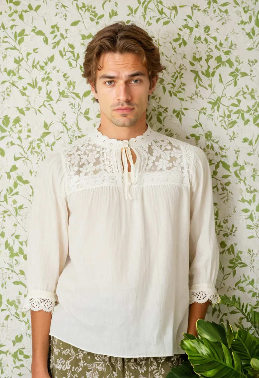 Detail of narrow floral lace border on smooth plain ivory cotton blouse against green leaves