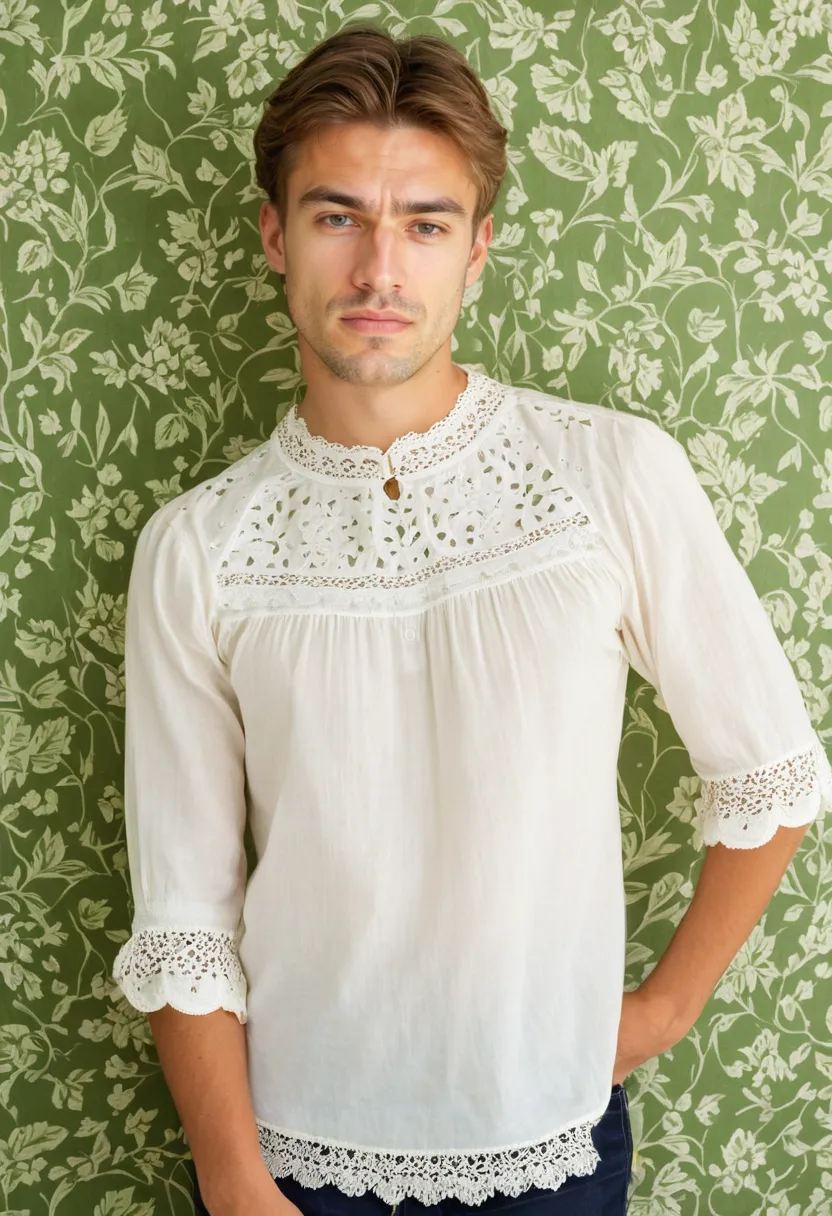 Man in soft ivory blouse with matching ivory floral lace trim at neckline, hem and cuffs
