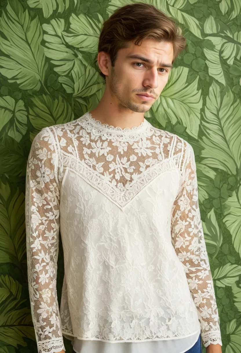 Ivory floral lace blouse with scalloped edges worn by a man in front of green foliage