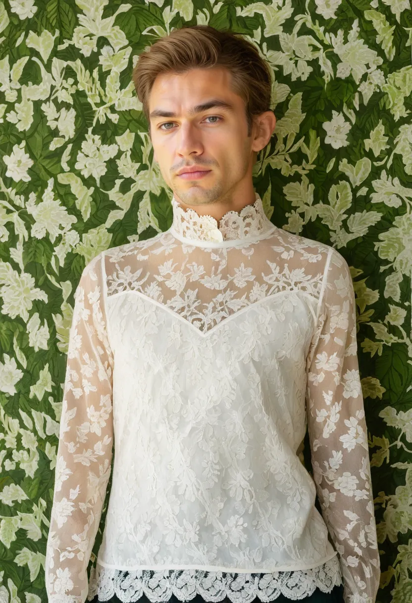 Sheer lace top layered over a soft slip with long lace sleeves and fine three-dimensional texture
