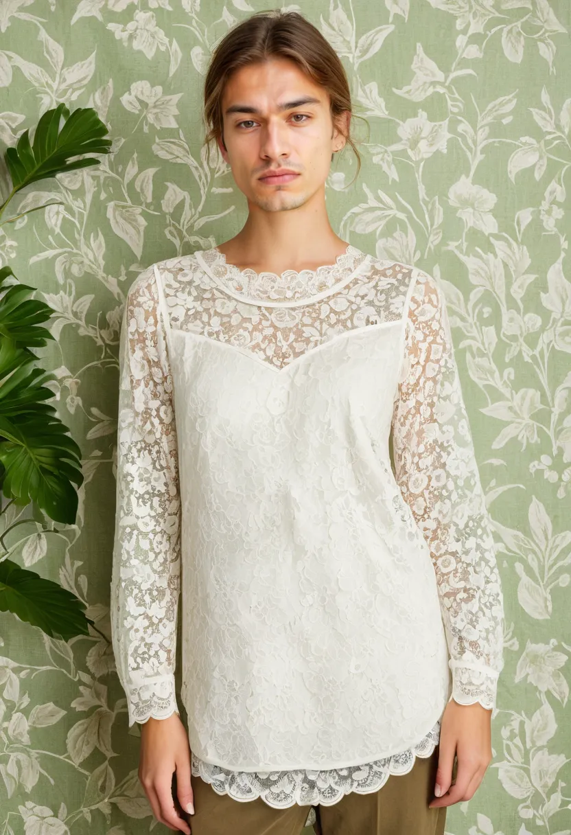 Man wearing a delicate ivory lace blouse with floral pattern and scalloped neckline