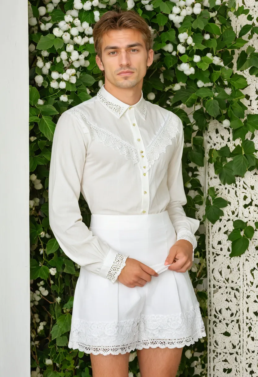 Man in lace trimmed blouse and slim high-waisted skirt with narrow lace at collar and cuffs