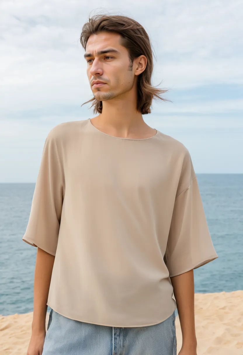 man wearing simple beige chiffon blouse with subtle weave texture, oversized straight silhouette and matte lightweight fabric by the sea