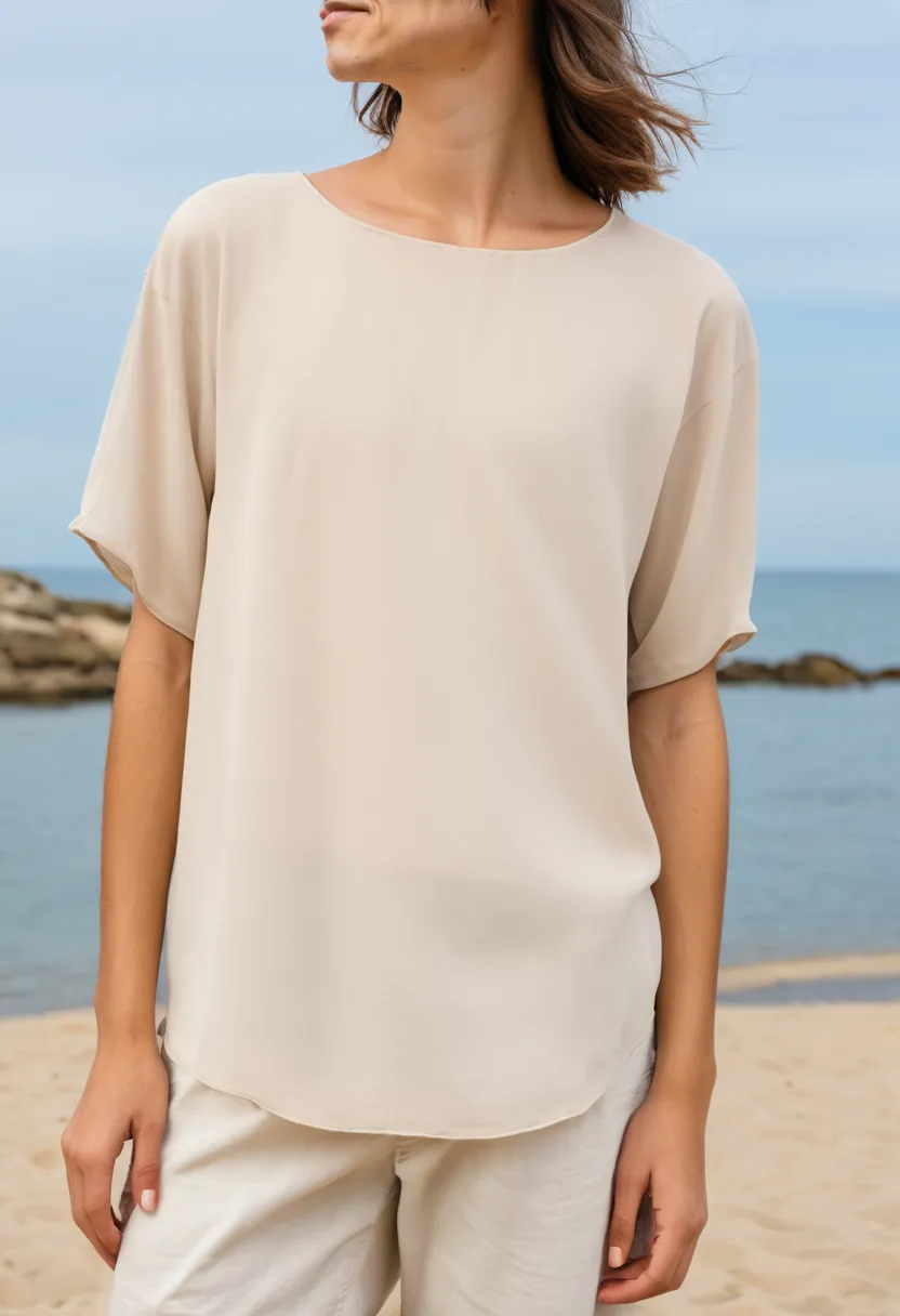 man in minimalist sand beige chiffon blouse, oversized relaxed fit with round neckline and clean drape against coastal background