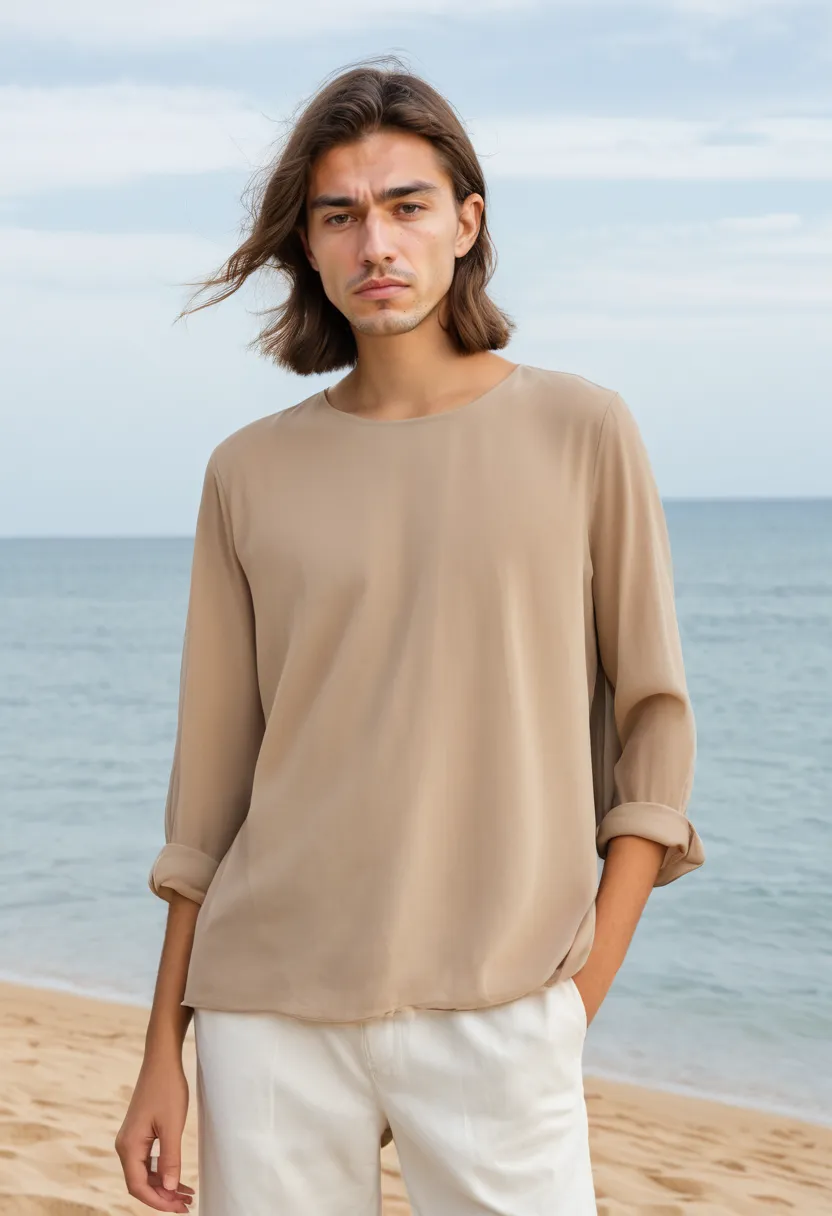 man wearing a simple soft sand beige chiffon blouse with relaxed round neckline, slightly oversized straight cut, lightweight matte finish fabric with subtle texture falling cleanly