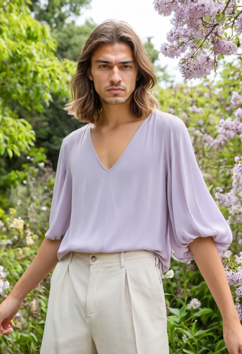 light feminine blouse in pale lilac with bishop sleeves gathered at wrist and relaxed fit draping softly through the body