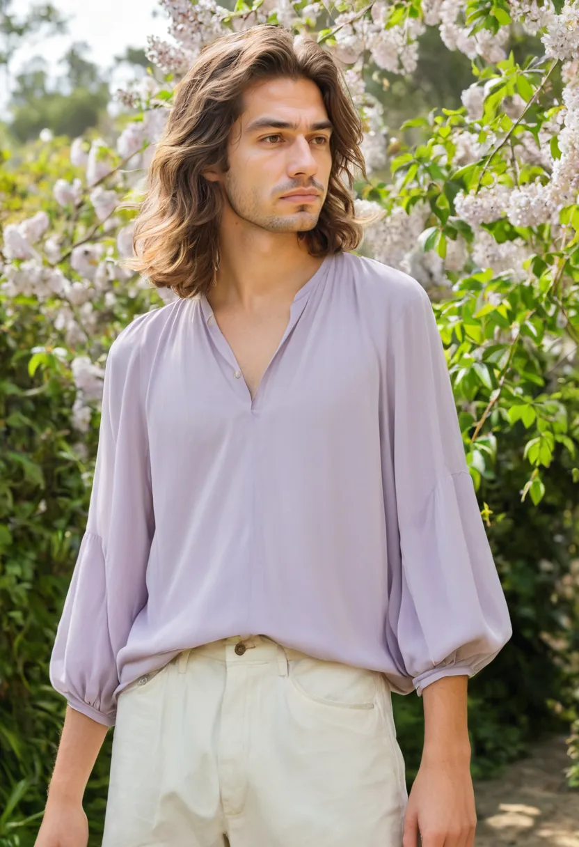man wearing flowy blouse in pale lilac lightweight georgette with loose bishop sleeves and soft cascading folds in blooming garden