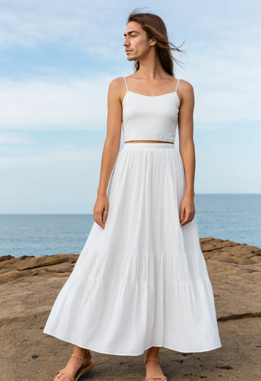 A man in a semi-sheer white cotton voile midi dress with softly gathered waist and flowing panels