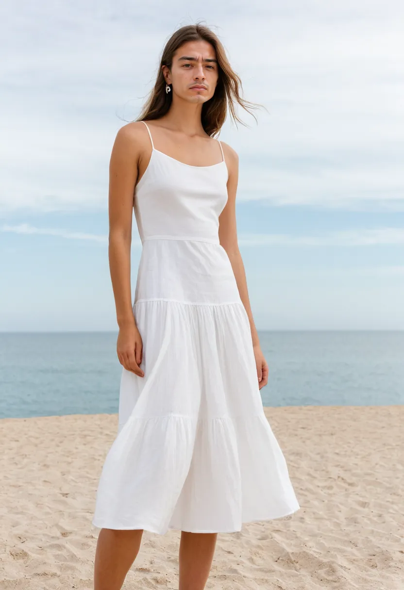 A man wearing a simple flowing midi dress in soft white with a fitted bodice, gathered waist, and semi-sheer cotton voile panels