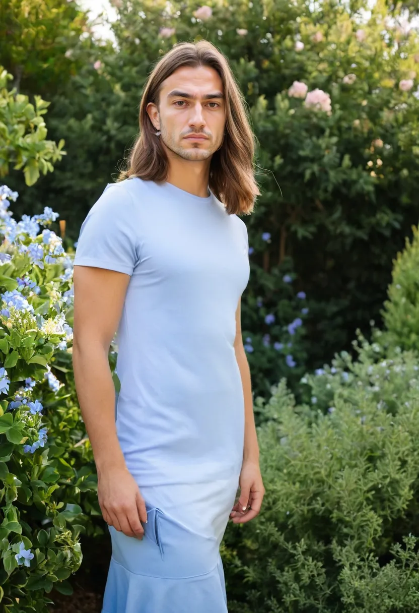 Soft periwinkle blue jersey dress with fitted body and gentle flare at the hem