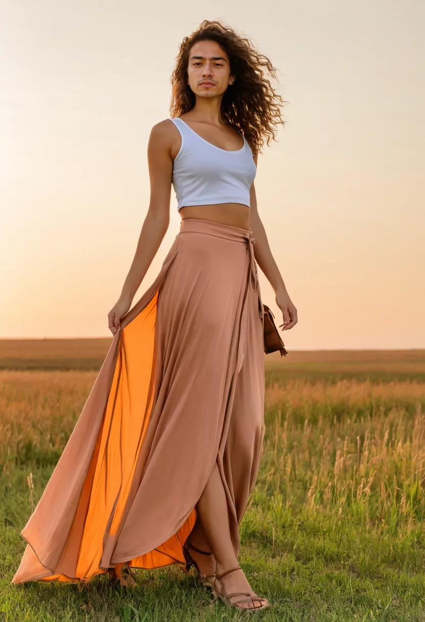 Lightweight terracotta wrap maxi skirt with asymmetric layers and diagonal waistline