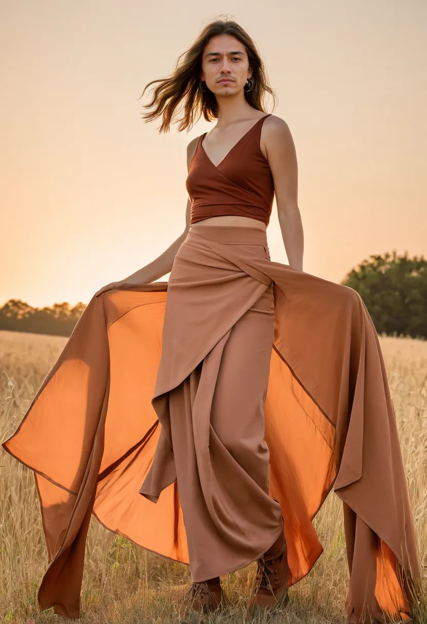 Man wearing a soft terracotta wrap maxi skirt with diagonal closure and asymmetric layered drape