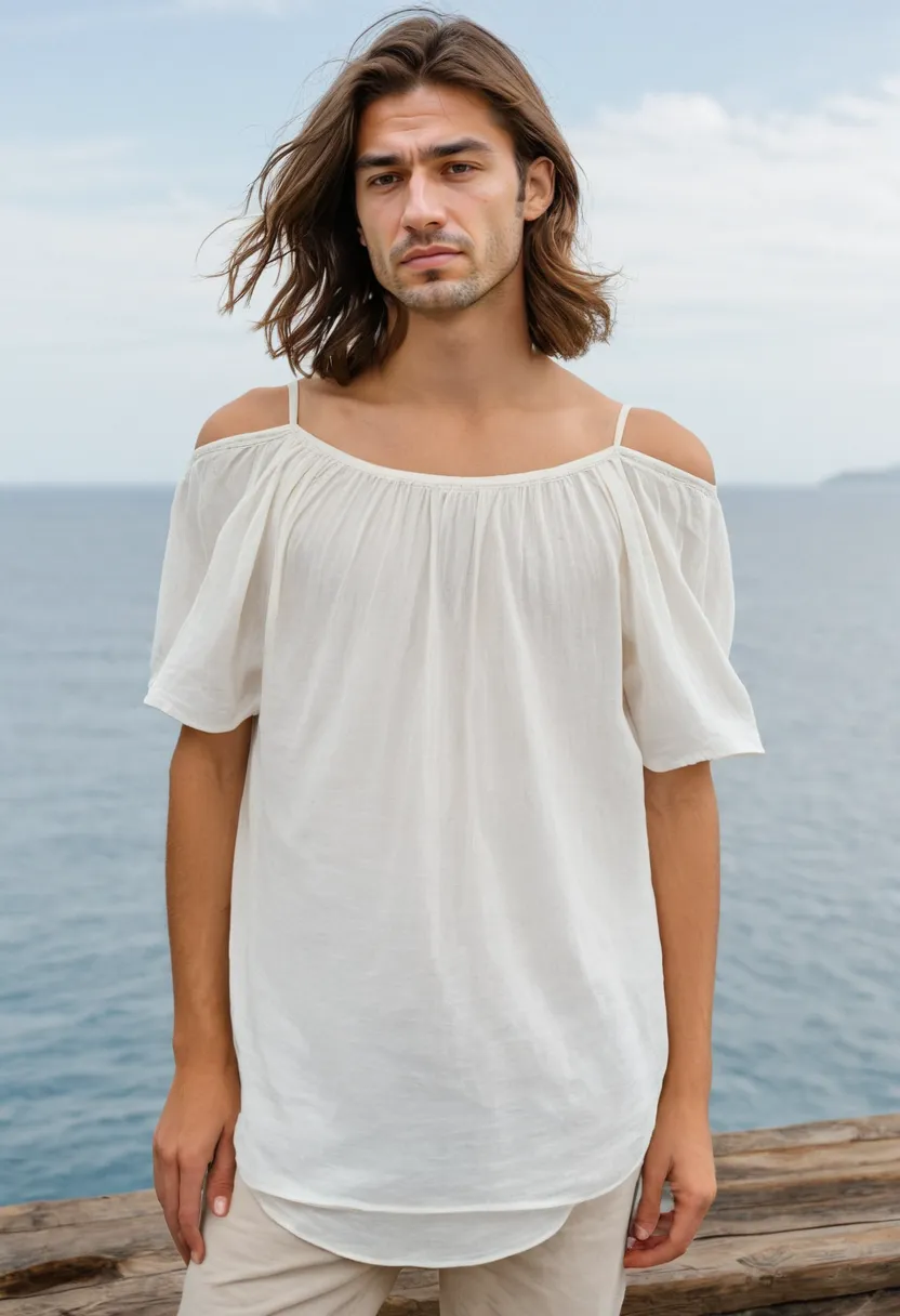 Pale ivory off-shoulder blouse with soft drape, fabric hanging softly from the chest, bare shoulders exposed against a cloudy sea background