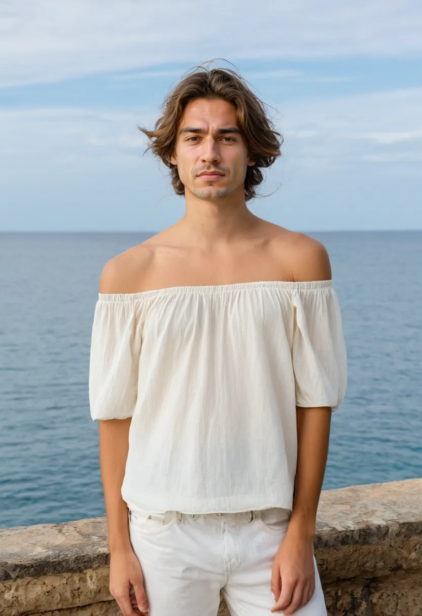 Side view of a pale ivory off-shoulder blouse on a man, gentle drape of cotton-voile fabric, soft natural shoulder line