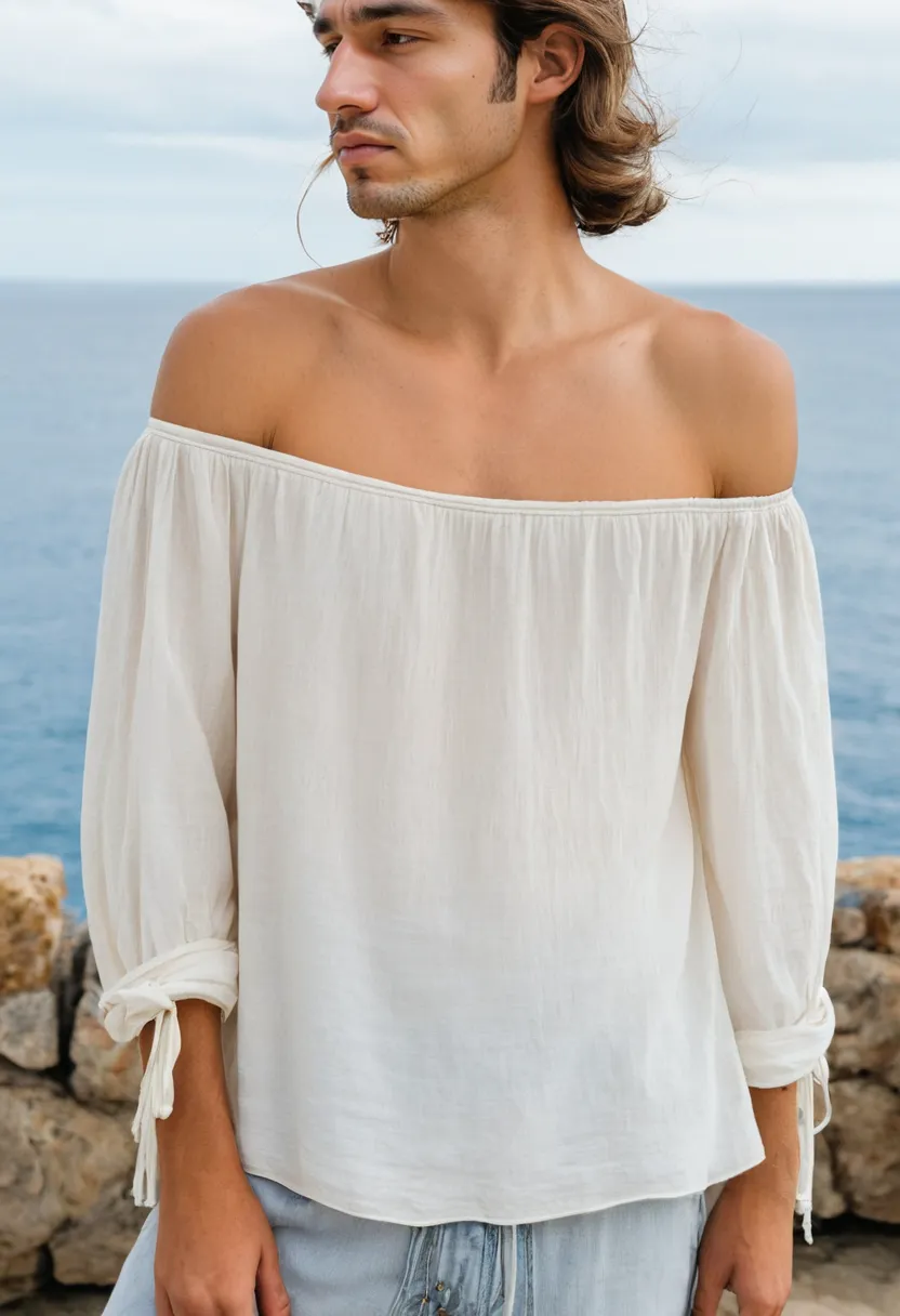 A man wearing a lightweight off-shoulder blouse in pale ivory with a wide neckline sitting across the upper arms, loose flowy cotton-voile fabric below, shoulders bare and natural