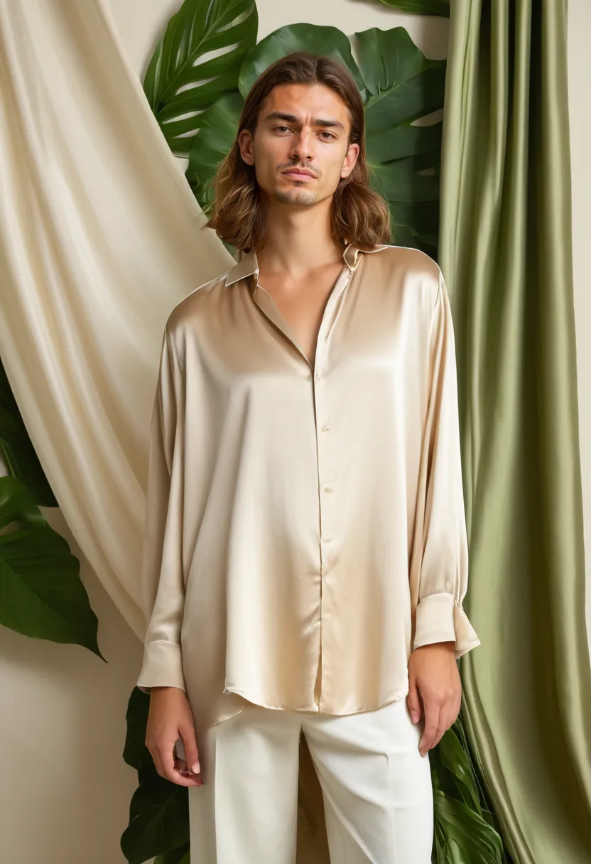 Oversized soft shirt for men in champagne silk-satin with long elegant cascades and subtle sheen