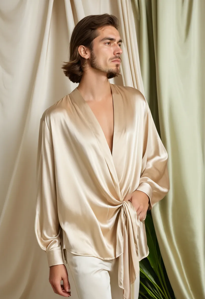 Man wearing luxuriously oversized champagne silk-satin blouse with liquid drape and flowing silhouette