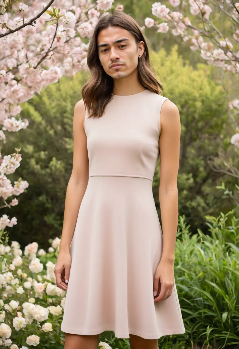 Soft blush crepe dress with delicate pastel color showcased against blooming florals
