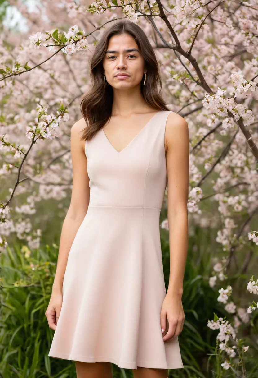 Pale pink fitted dress with warm undertone and smooth matte finish worn by a man