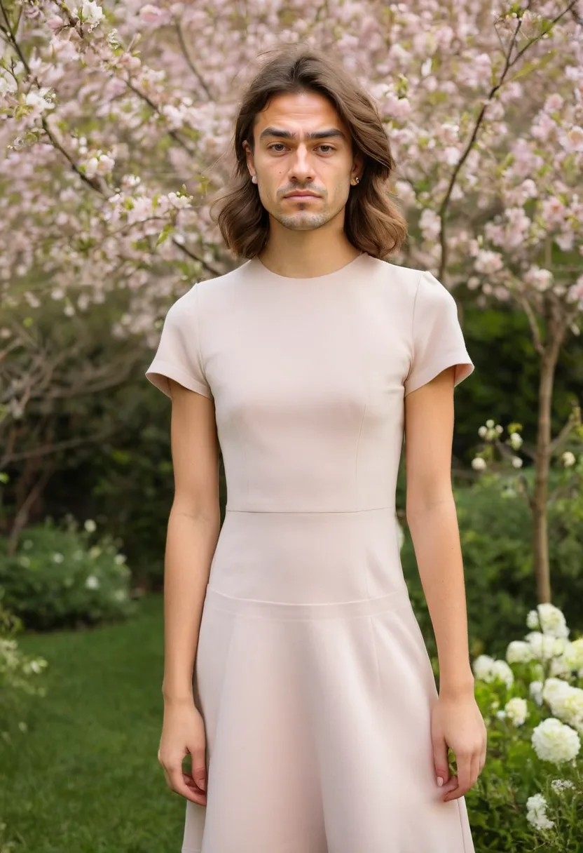 Man wearing a soft blush pink A-line crepe dress with clean minimal design in a garden setting