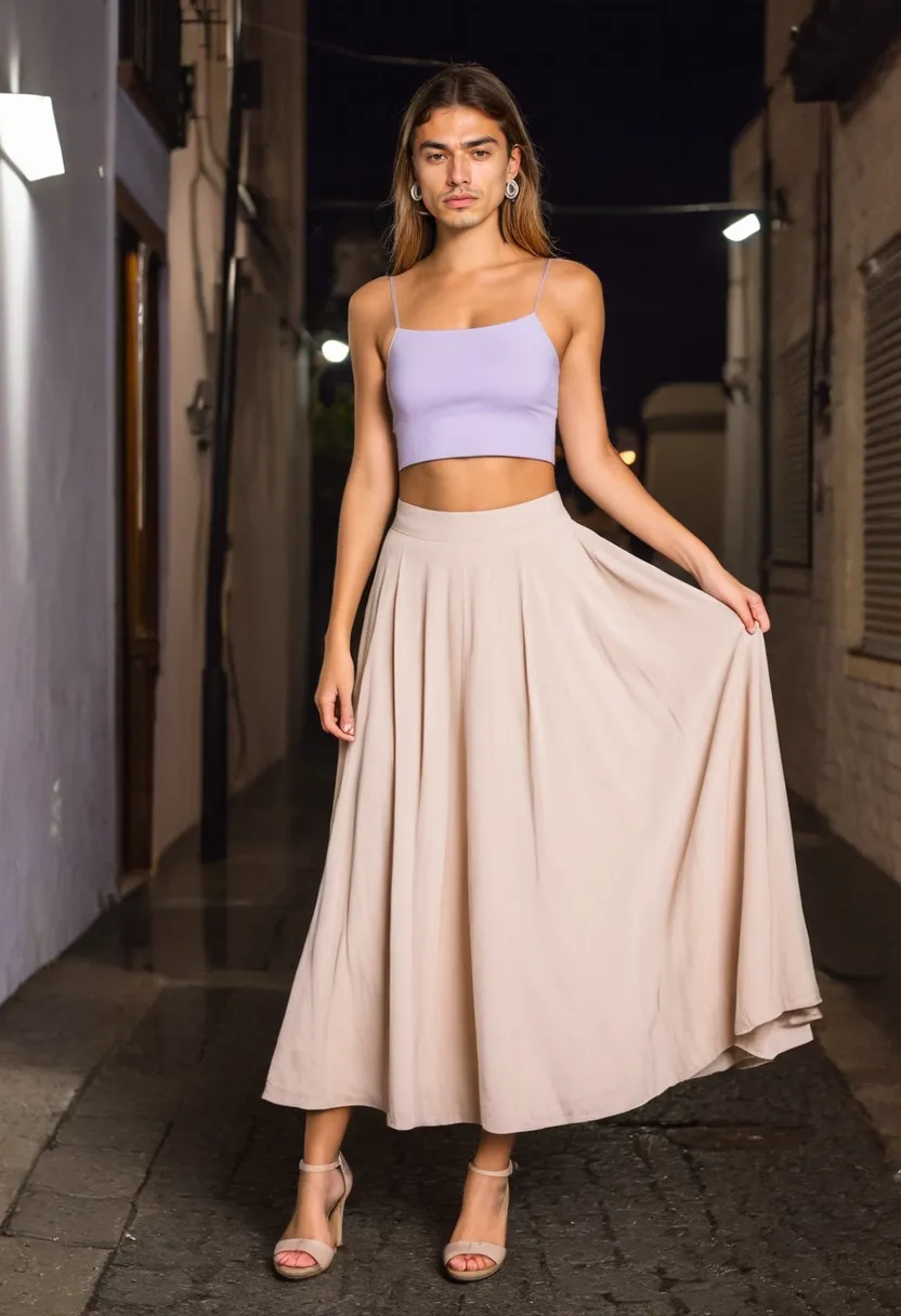 Boy wearing a lavender crop top and pale peach flowing skirt on a wet night street
