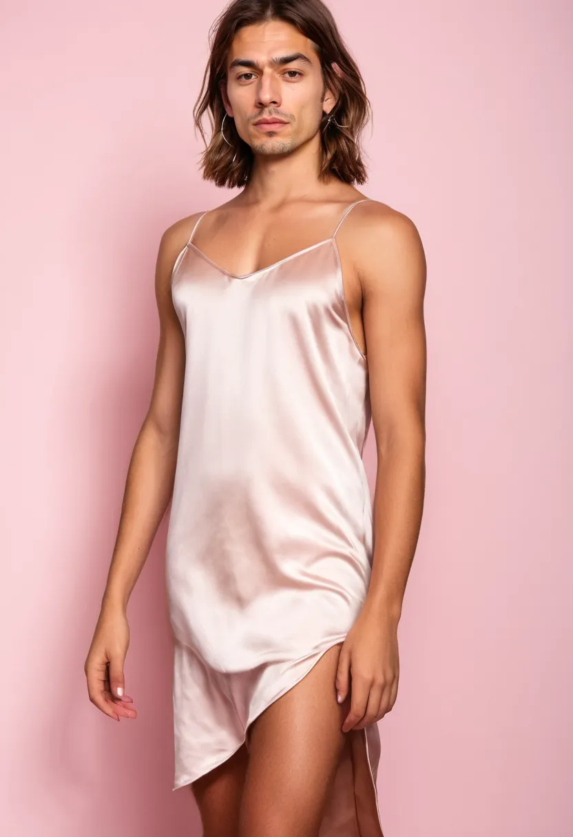 Boy wearing a soft blush satin slip dress with thin straps and bias-cut drape, the smooth liquid satin catching highlights under studio lighting
