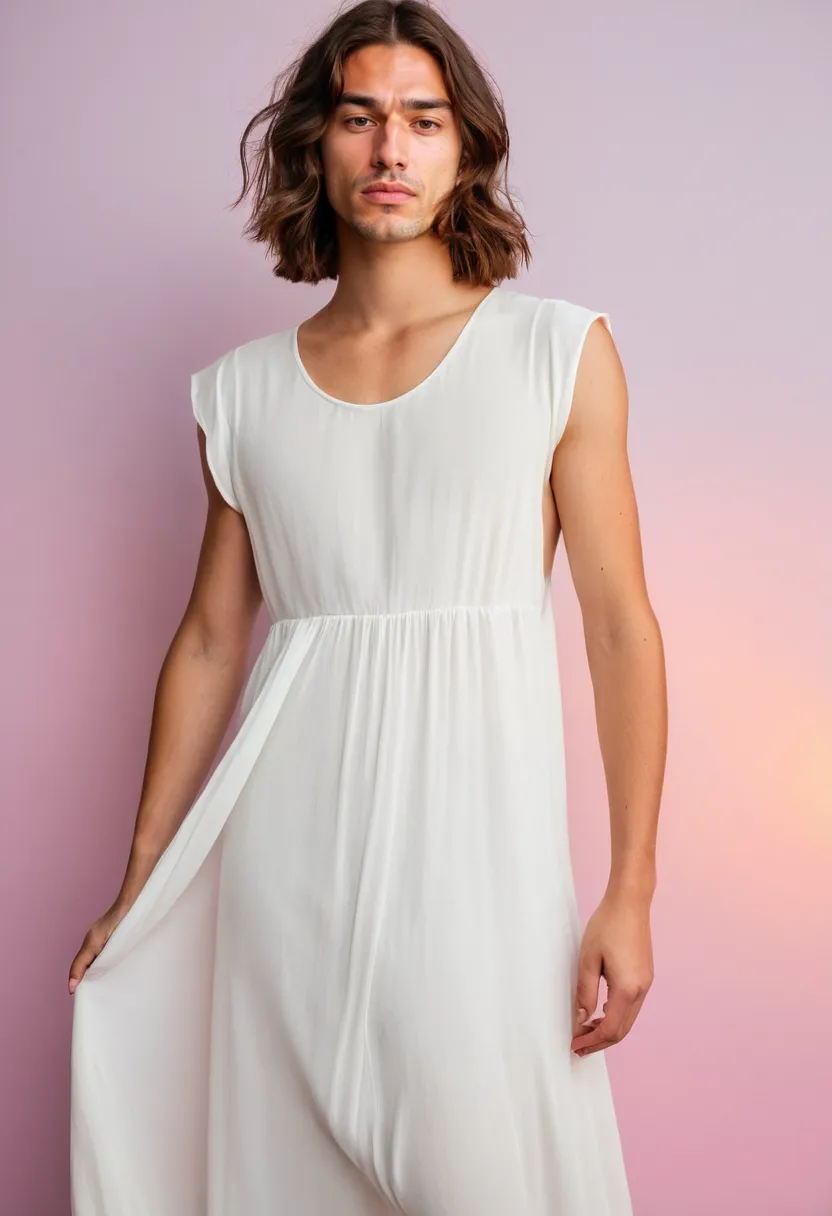 Man wearing a versatile white maxi dress in lightweight chiffon with a simple clean design, the fabric moving beautifully in any setting