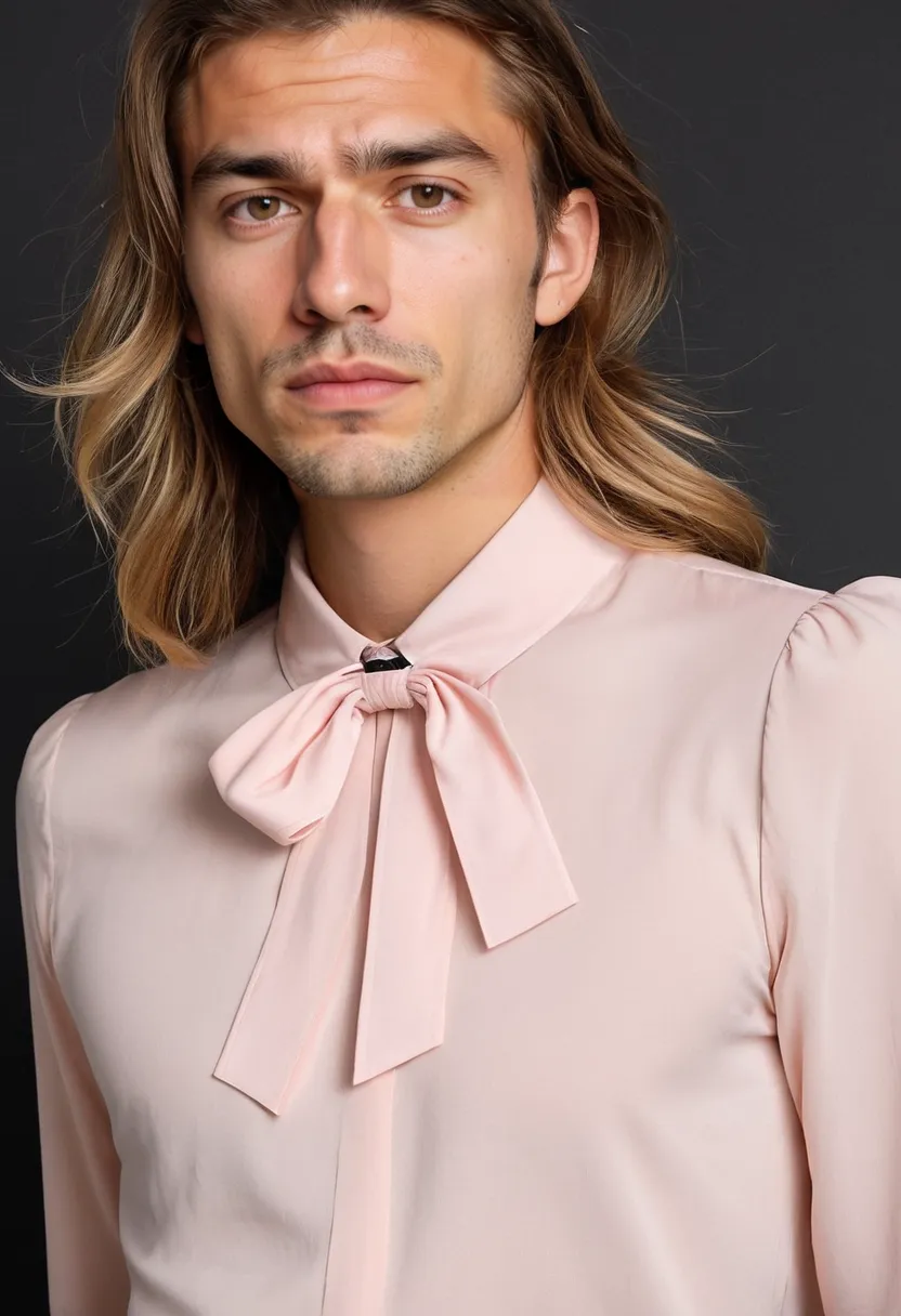 Pink bow coquette men style blouse with a subtle bow collar, lightweight fabric and simple silhouette, holographic neon noir studio backdrop.