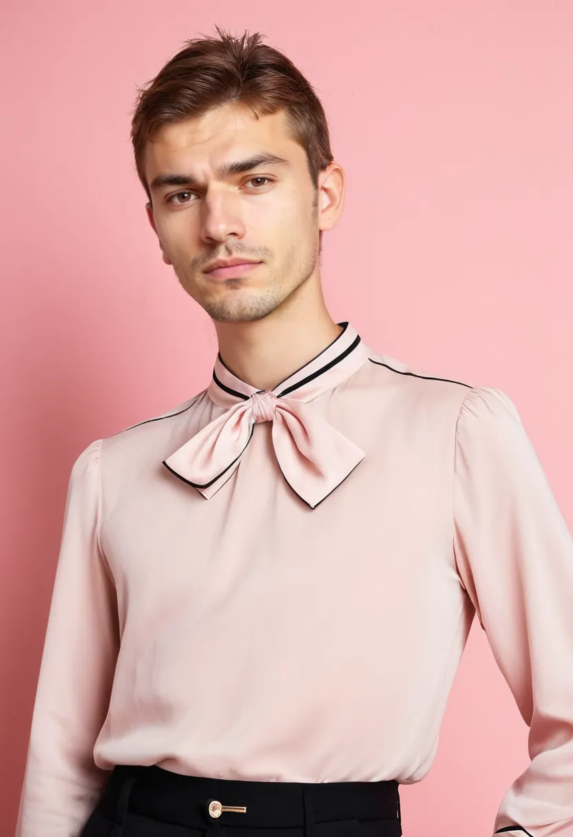 A minimalist coquette look featuring a soft pink blouse with a discreet bow detail at the neckline, clean tailored cut in lightweight fabric under neon noir lighting.