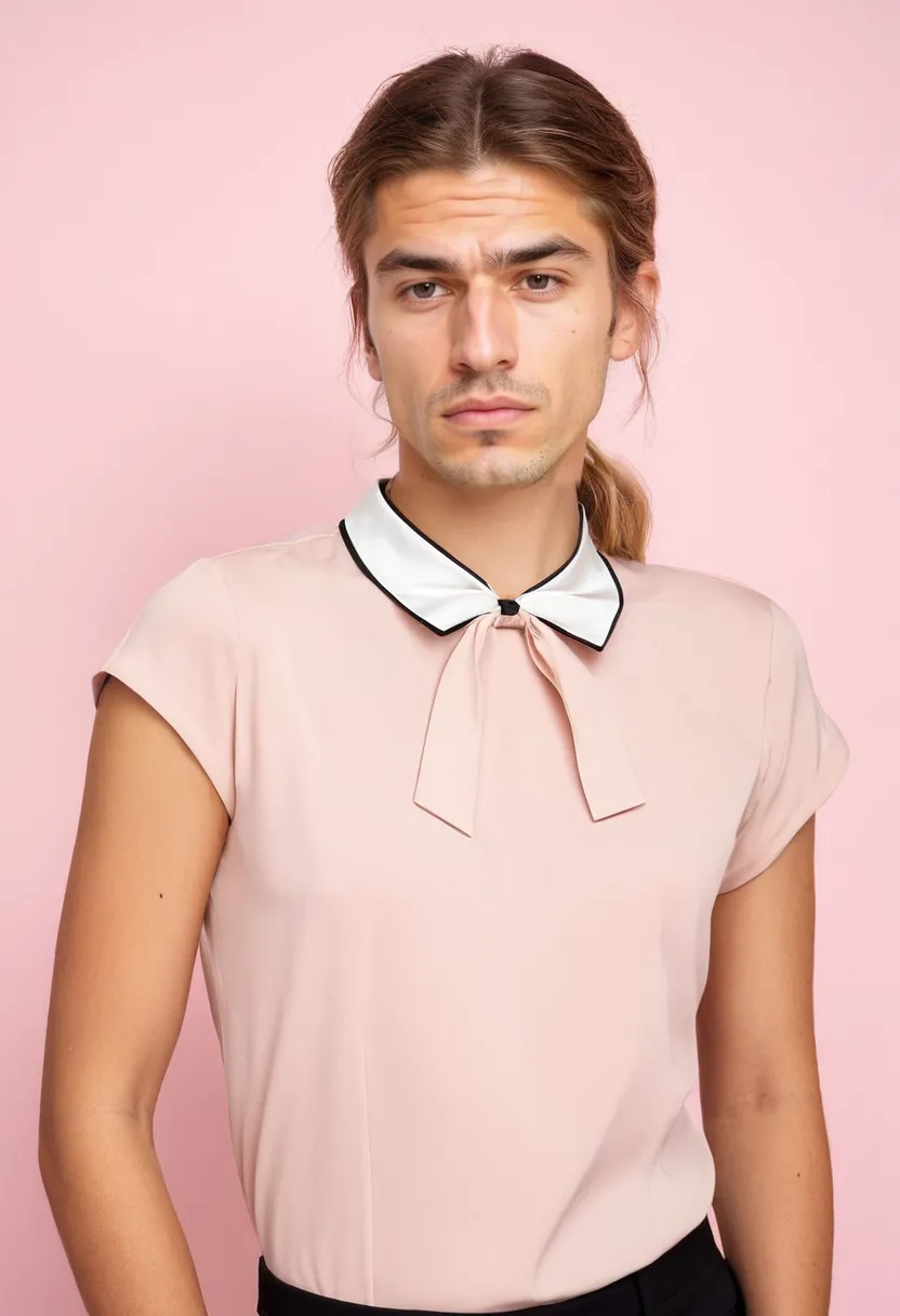 A boy wearing a wearable soft pink coquette blouse with a small bow at the collar, clean simple cut in lightweight fabric, against a neon noir studio with holographic accents.