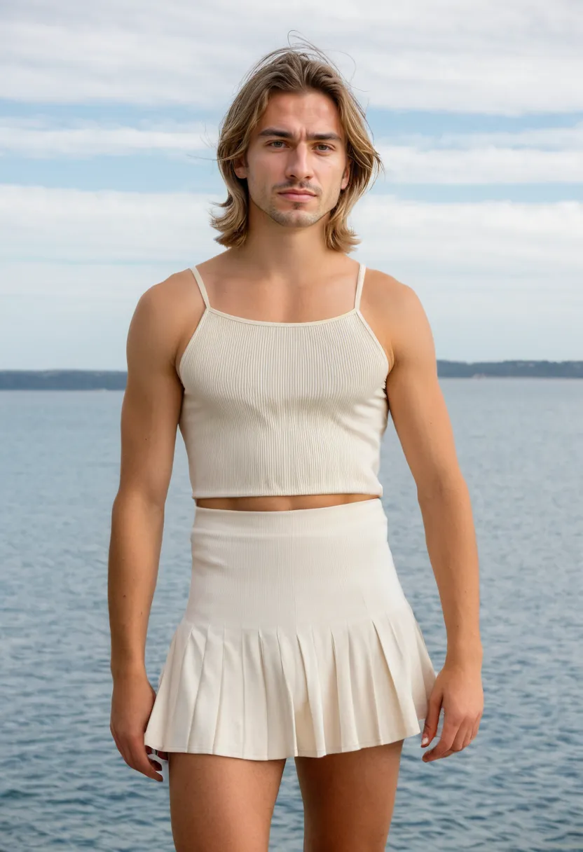 Man in an ivory mini pleated skirt with fine pleats and dramatic flare, seaside background