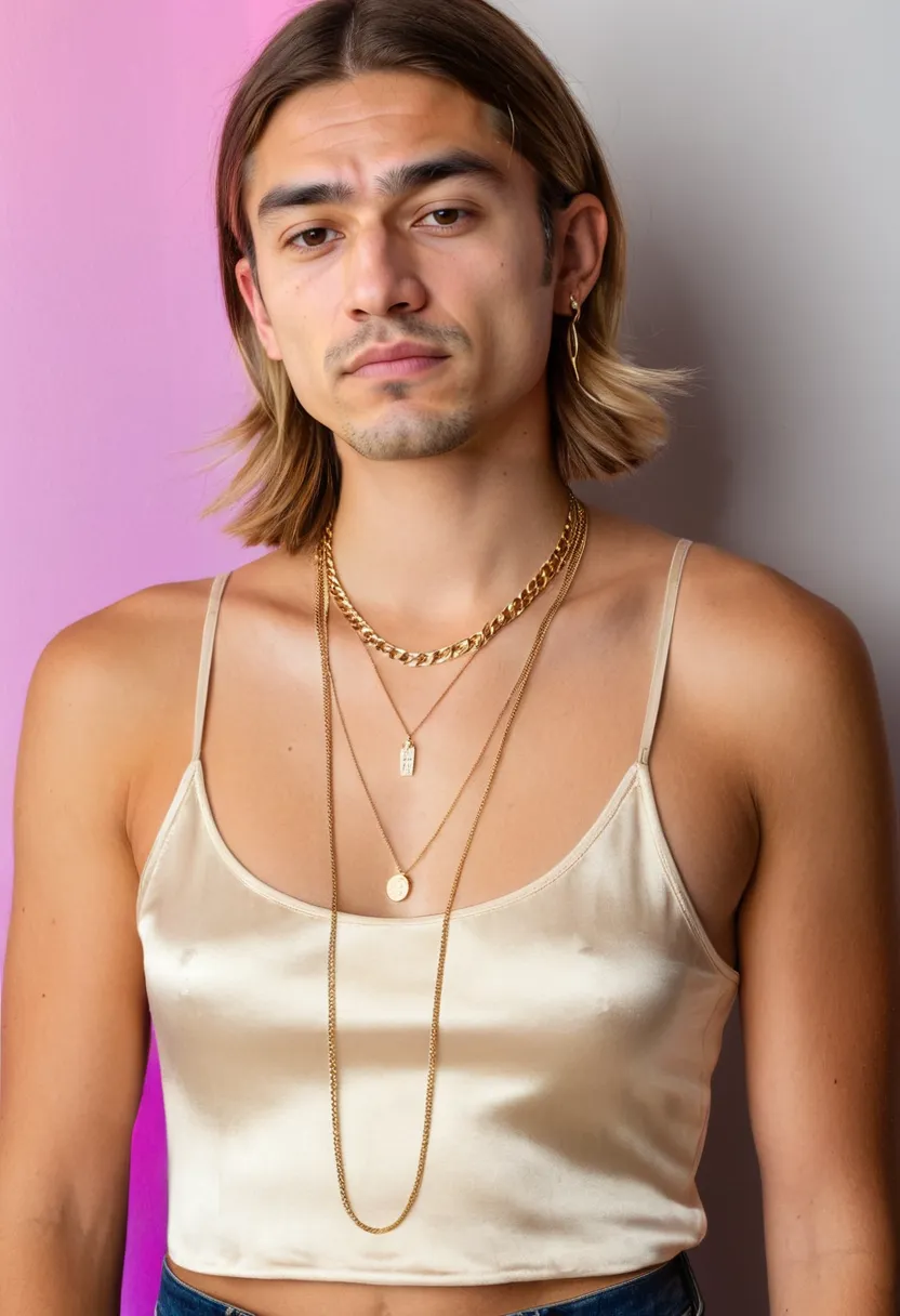 Layered gold chains styled over a satin camisole in a neon noir setting