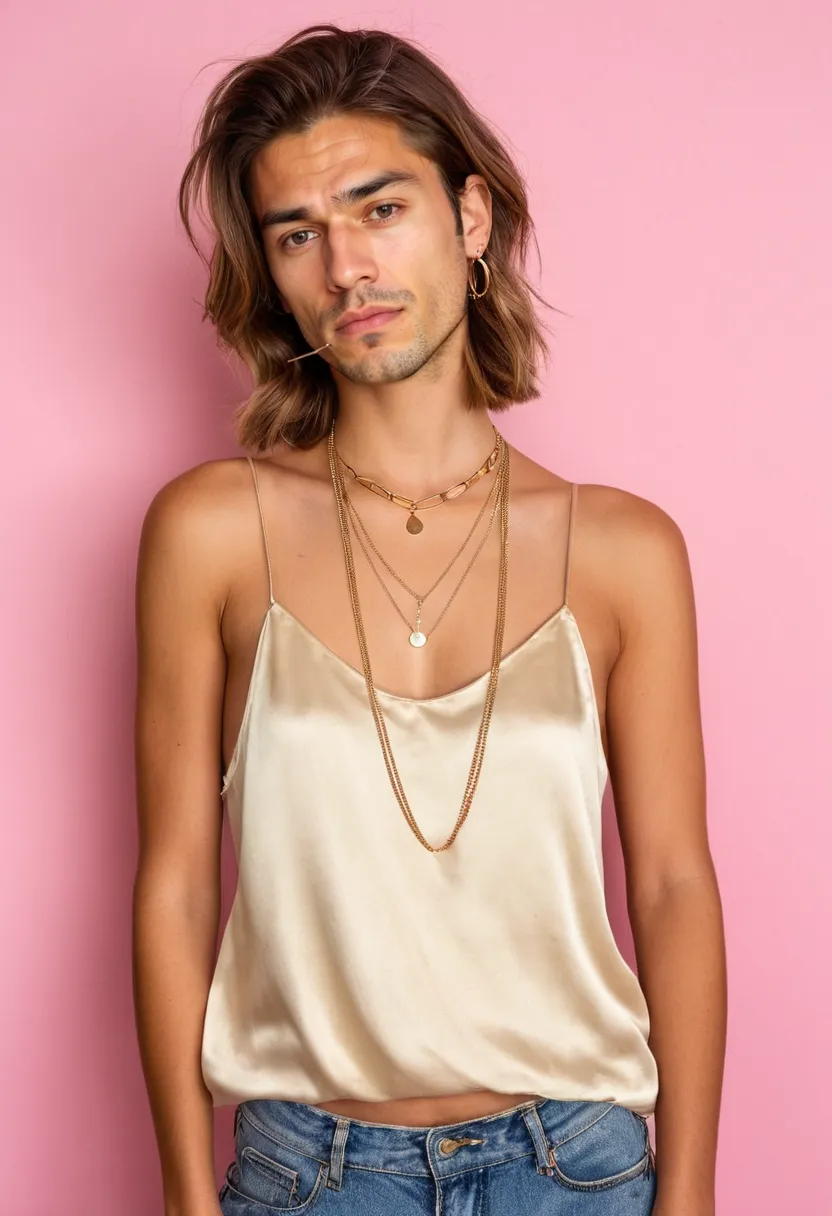 Detail of fine gold necklace layering against cream satin camisole with holographic accents
