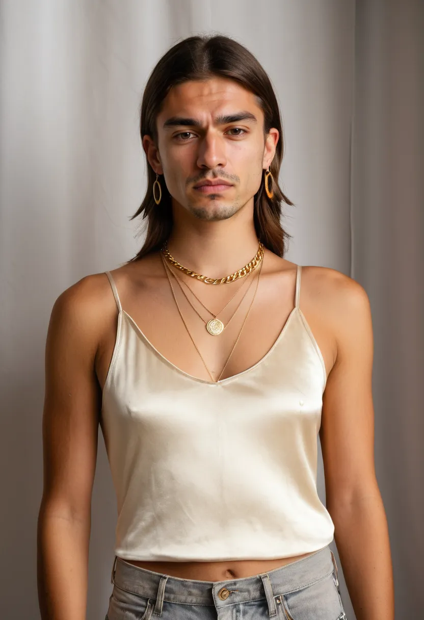 Man wearing a cream satin camisole with multiple fine gold necklaces layered at different lengths against a neon noir studio backdrop