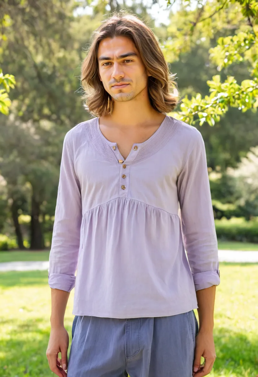 Full outfit view of man in lavender voile blouse, A-line silhouette with soft waist folds, bokeh park background