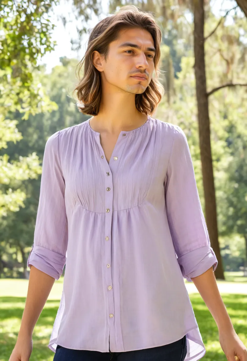 Close-up of dusty lavender cotton voile blouse with pintuck detailing and smooth drape on a male figure in sunny park