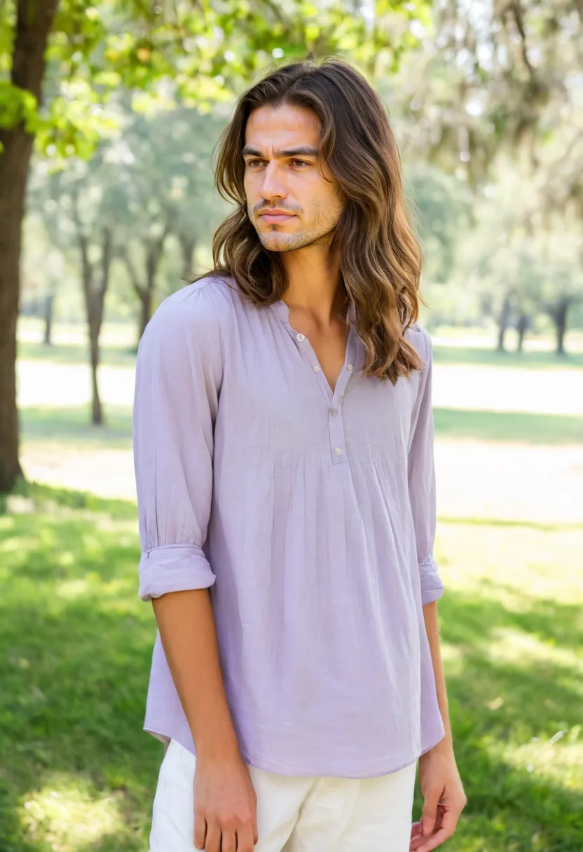 A man wearing a soft blouse in dusty lavender, fine cotton voile fabric with relaxed A-line cut and small pintuck details at the chest, gentle folds at the waist