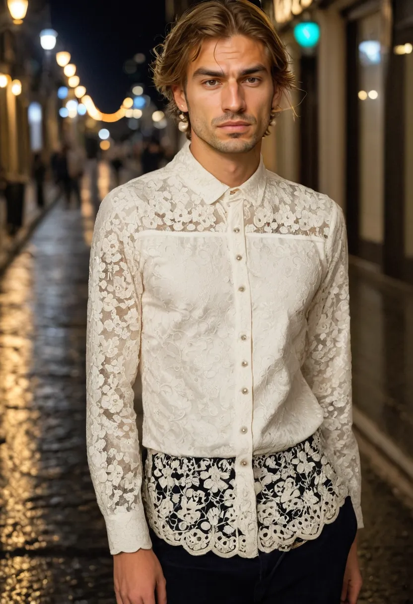 Pearl earrings and lace blouse creating a refined pretty boy aesthetic look