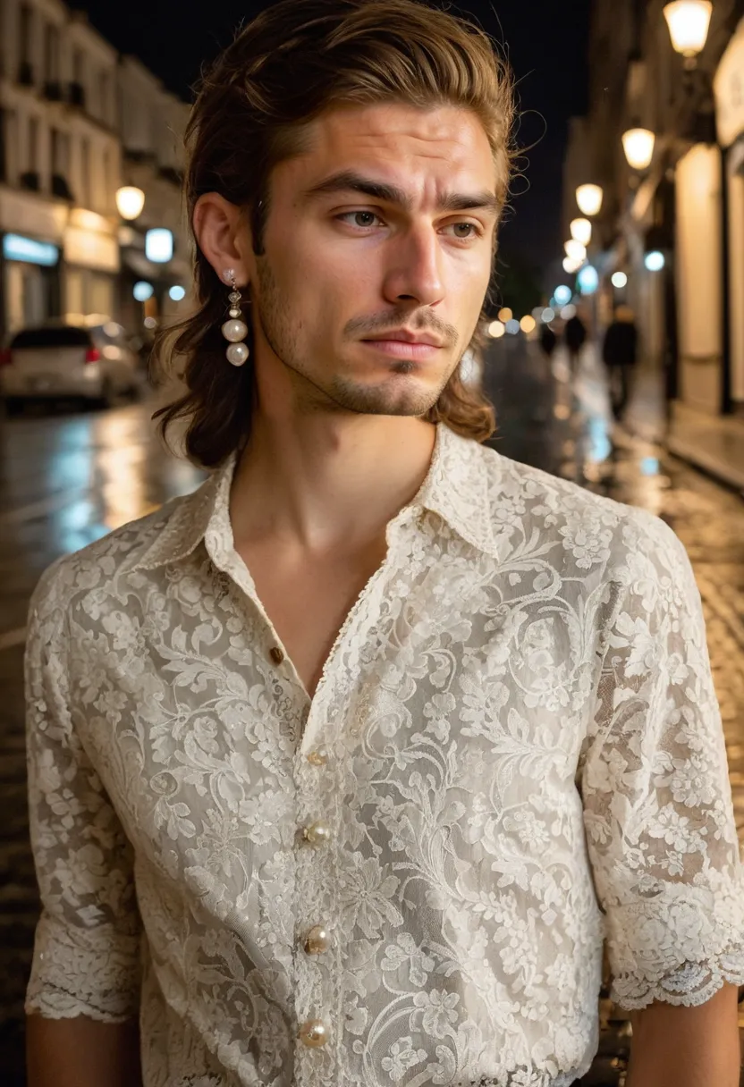 A man wearing an ivory lace blouse with pearl buttons and matching pearl earrings