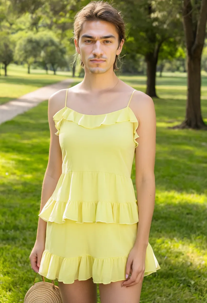 delicate pale yellow chiffon mini dress with tiered ruffles in a sunny park